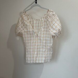 J.Crew Re-Imagined Plaid Off-Shoulder Puff Sleeve Top | Size 8‎ | Tan/Cream